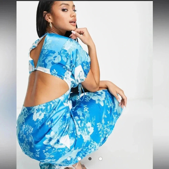 ASOS DESIGN satin midi dress button spring boho cutout in patchwork blue floral - Picture 4 of 8